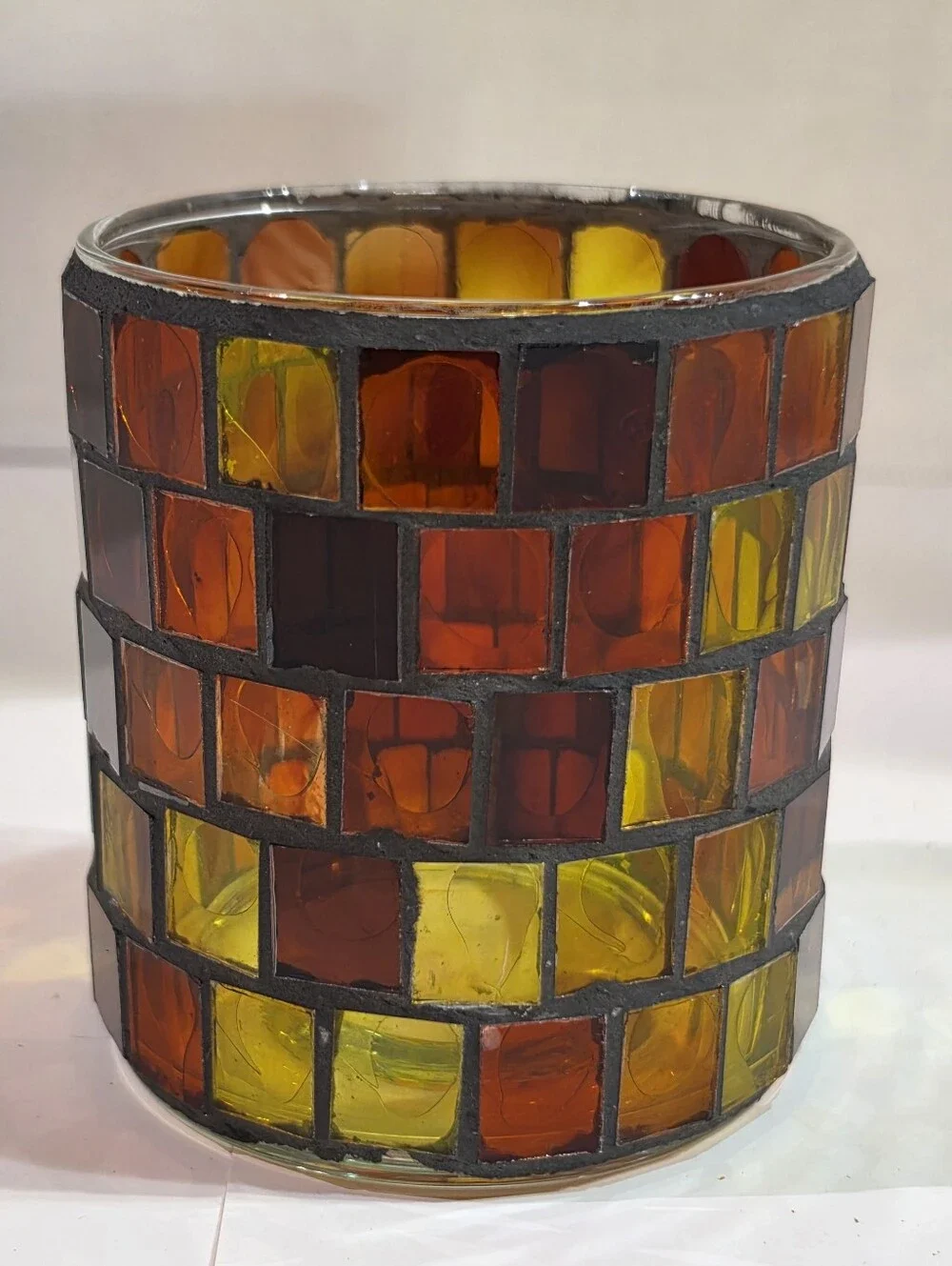 Handmade Mosaic Glass Candle Holder Votive Lantern Autumn Amber Orange Red Boho